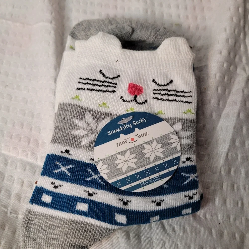 Cat Lady Box Snowkitty Socks White Grey Blue Cat Face Snowflake Winter Ankle New